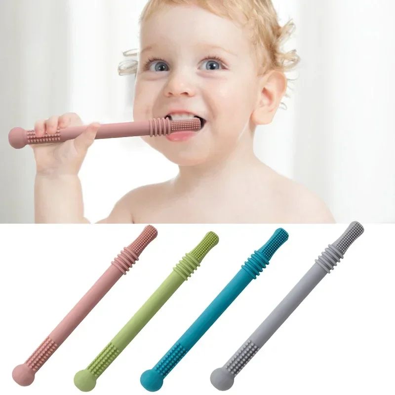 Silicone Baby Teether Straw Toy Safe Chewable Molar Teething Toy With EasyGrip Handle 0