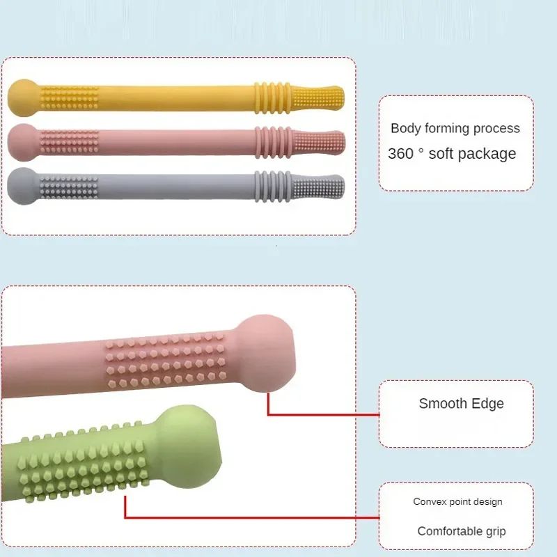 Silicone Baby Teether Straw Toy Safe Chewable Molar Teething Toy With EasyGrip Handle 2