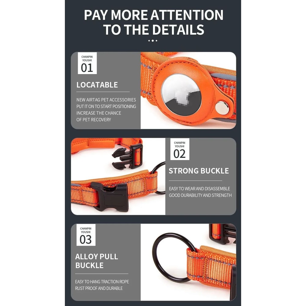 AirTag Dog Collar With Holder Reflective Adjustable Padded Pet Collar For Small Medium Large Dogs 9