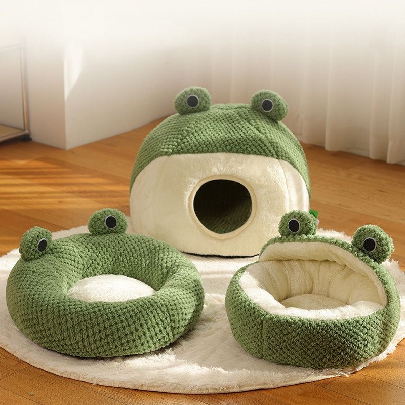 Winter Warm Plush Pet Nest Bed FrogShaped SemiEnclosed Cat Dog House For Puppies And Kittens 6