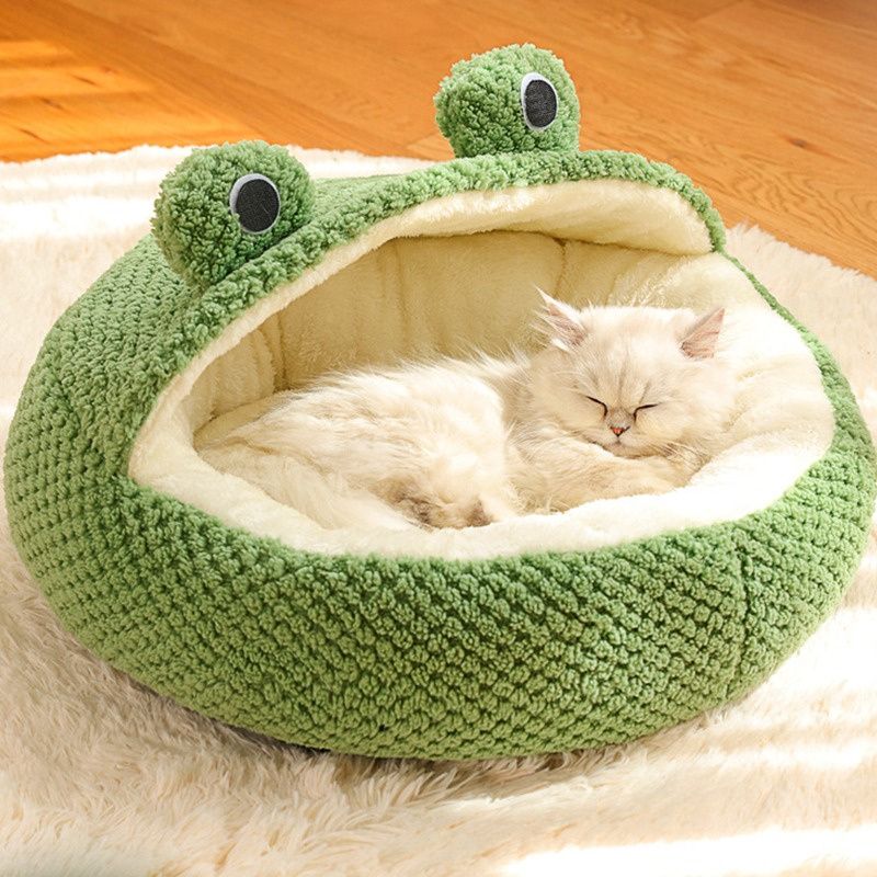 Winter Warm Plush Pet Nest Bed FrogShaped SemiEnclosed Cat Dog House For Puppies And Kittens 2