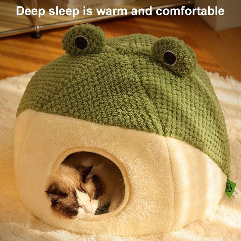Winter Warm Plush Pet Nest Bed FrogShaped SemiEnclosed Cat Dog House For Puppies And Kittens 7