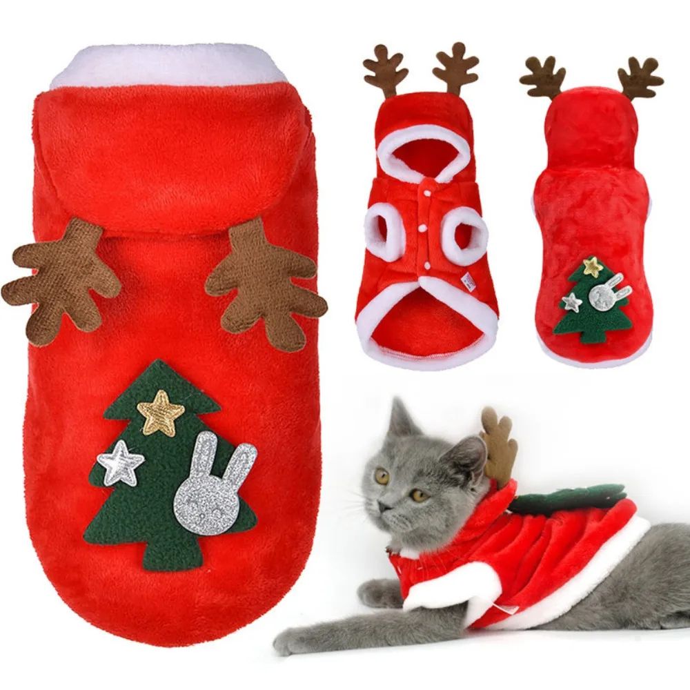 Winter Warm Festive Pet Clothes Flannel Dog Cat Christmas Outfit With Deer Tree Design 3