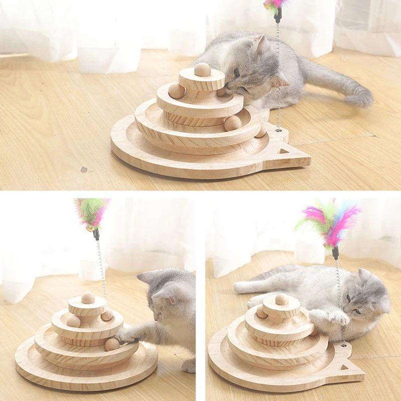Wooden 23 Level Cat Track Toy Tower Interactive Ball Disc Intelligence Training Toy 3
