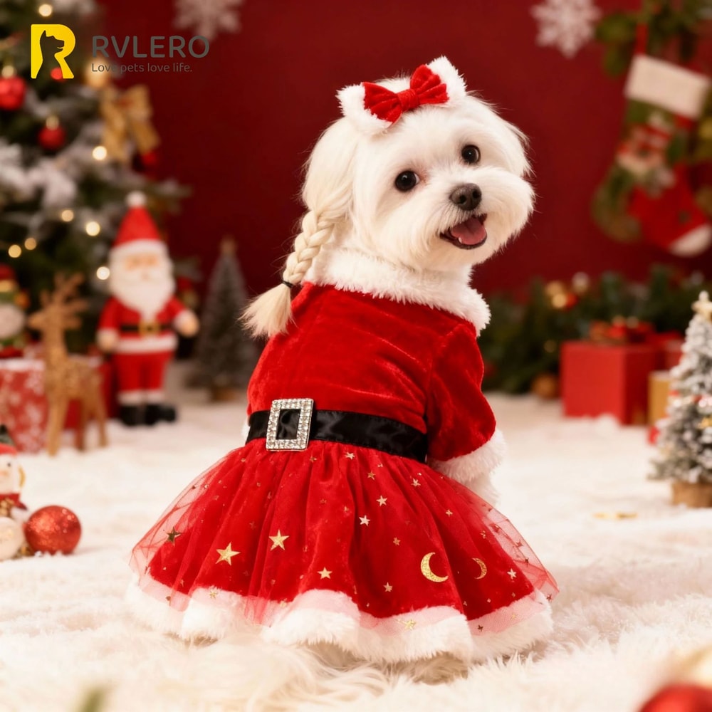 Santa Claus Dog Dress Festive Red Mesh Gold Velvet Christmas Costume For Pets Party Holiday Dres 1
