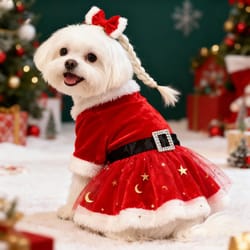 santa claus dog dress – festive red mesh & gold velvet christmas costume for pets, party & holiday dress-up