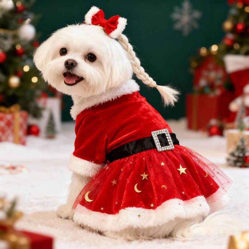 Santa Claus Dog Dress Festive Red Mesh Gold Velvet Christmas Costume For Pets Party Holiday Dres 0