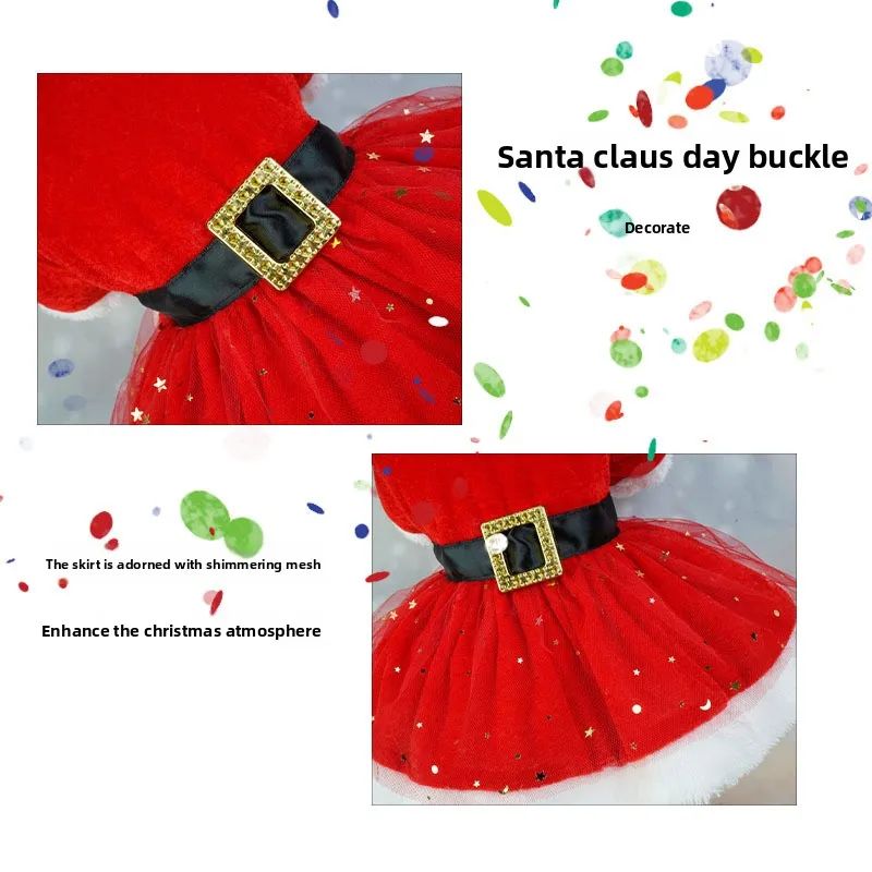 Santa Claus Dog Dress Festive Red Mesh Gold Velvet Christmas Costume For Pets Party Holiday Dres 2