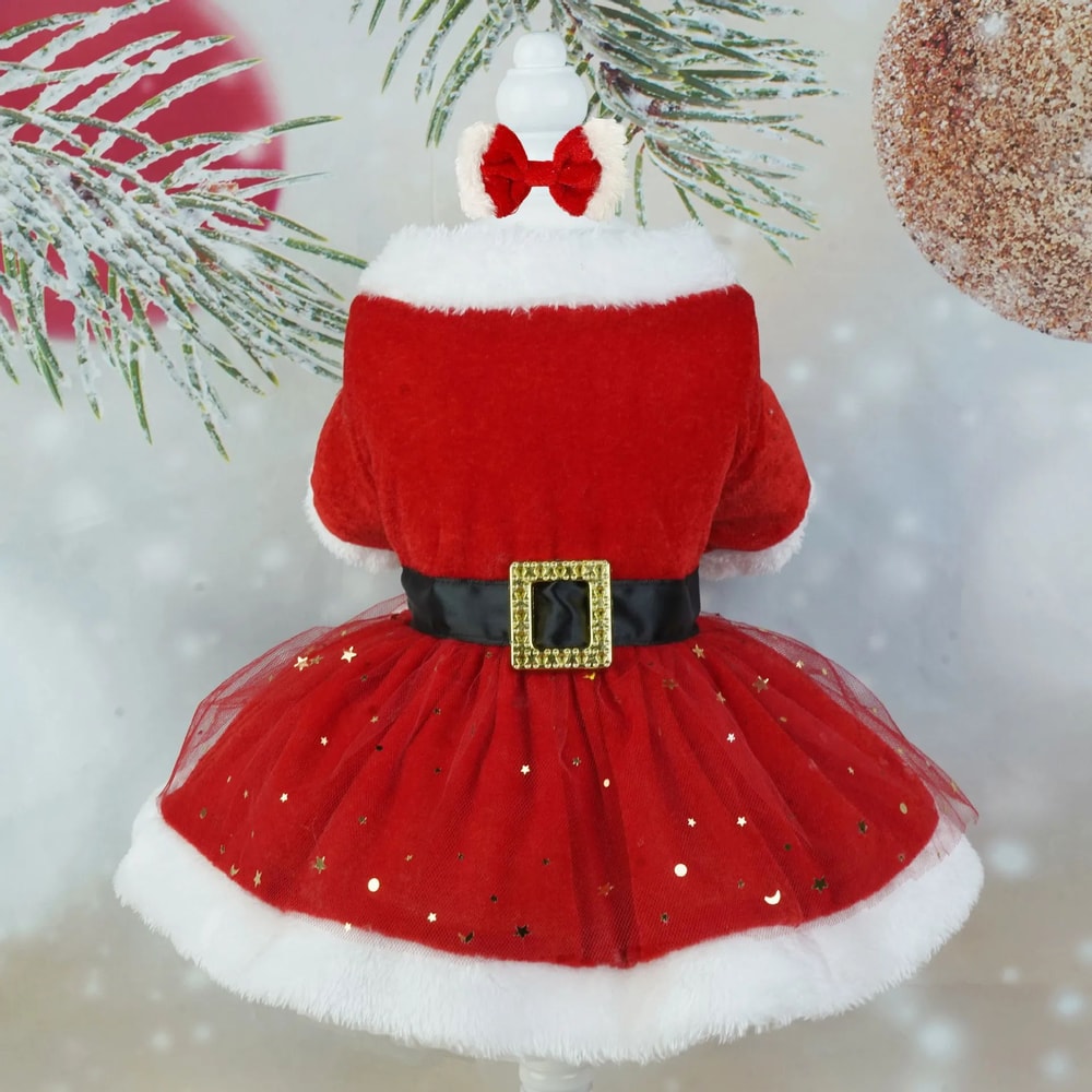 Santa Claus Dog Dress Festive Red Mesh Gold Velvet Christmas Costume For Pets Party Holiday Dres 6