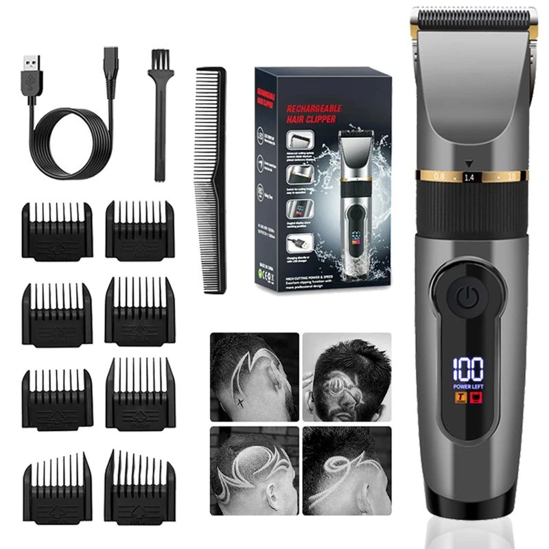 Waterproof Professional Hair Clipper Rechargeable Electric Trimmer With LED Display Barber Hair Cu 0