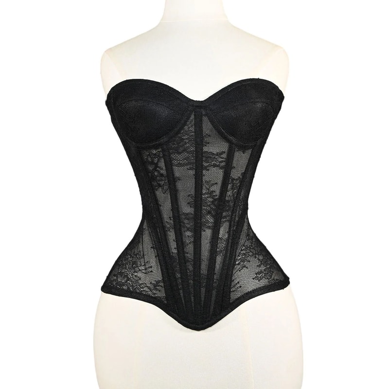 Floral Lace Overbust Corset Bustier Strapless Steel Boned LaceUp Bodice PushUp Corset Crop Top Fo 0