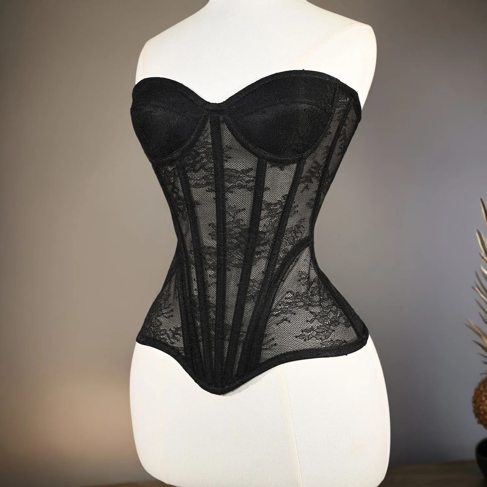 Floral Lace Overbust Corset Bustier Strapless Steel Boned LaceUp Bodice PushUp Corset Crop Top Fo 5