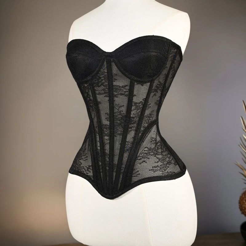 Floral Lace Overbust Corset Bustier Strapless Steel Boned LaceUp Bodice PushUp Corset Crop Top Fo 5