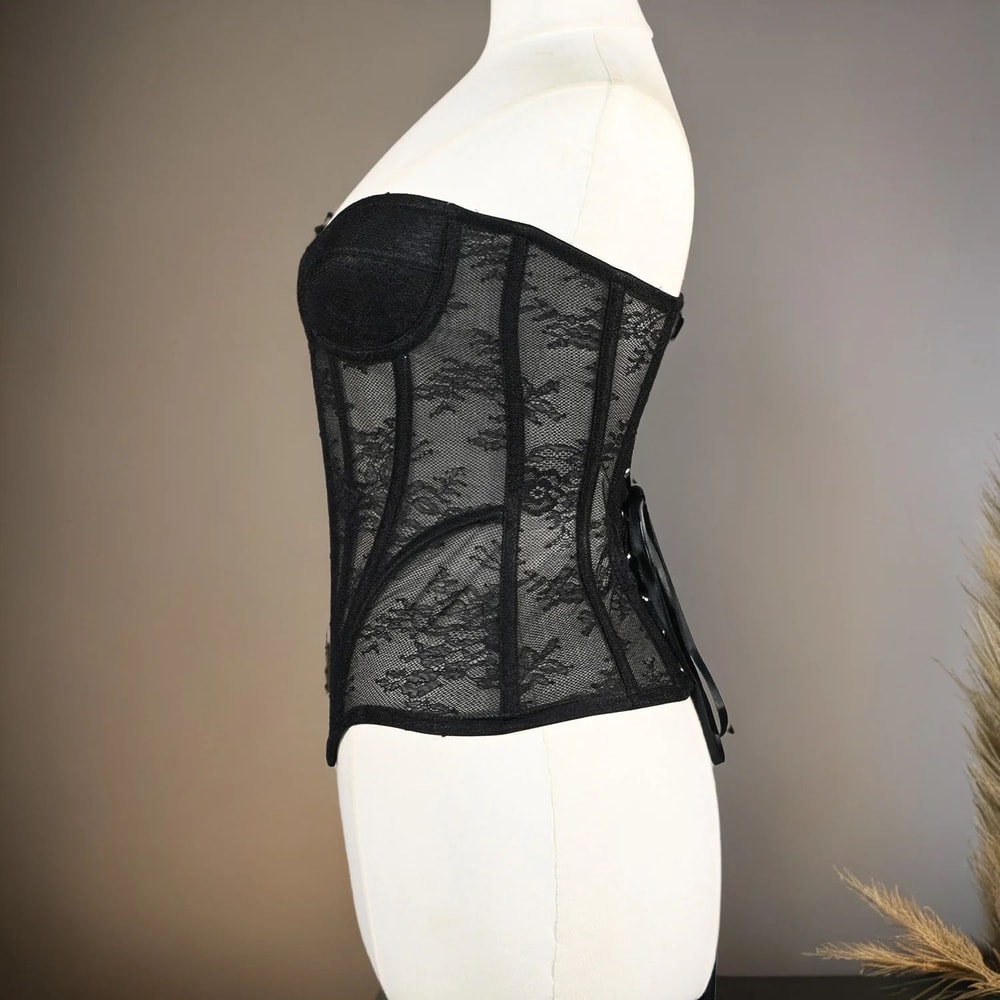 Floral Lace Overbust Corset Bustier Strapless Steel Boned LaceUp Bodice PushUp Corset Crop Top Fo 6