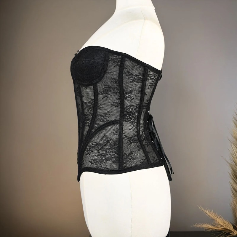 Floral Lace Overbust Corset Bustier Strapless Steel Boned LaceUp Bodice PushUp Corset Crop Top Fo 6