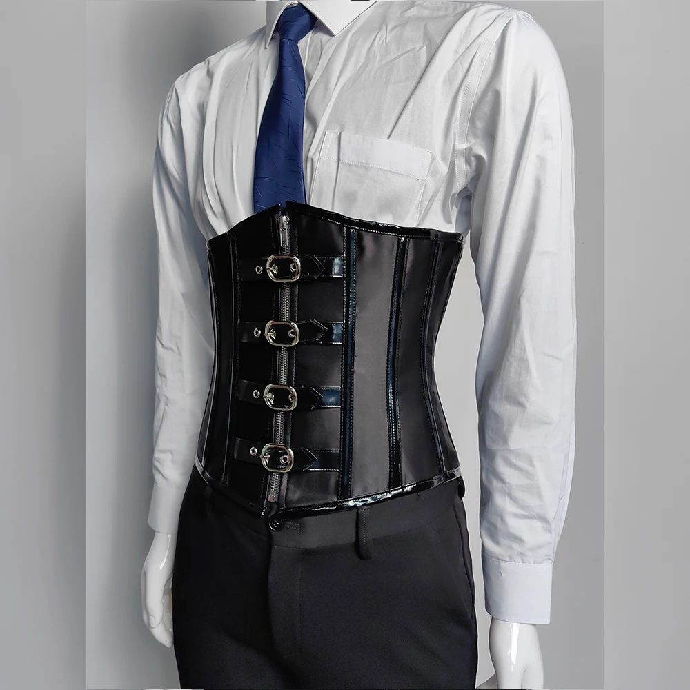 Mens Waist Trainer Corset With Zipper Steel Boned LaceUp Body Shaper Tummy Control Compression Wa 1