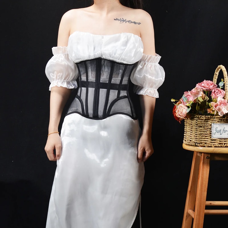 Womens Underbust Mesh Corset Crop Boned LaceUp Waist Slimming Bodice Breathable Tummy Control Wais