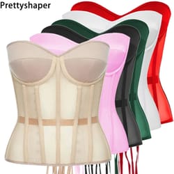 luxury strapless corset bustier for women – transparent mesh steel boned bodice, lace-up top with supported cups
