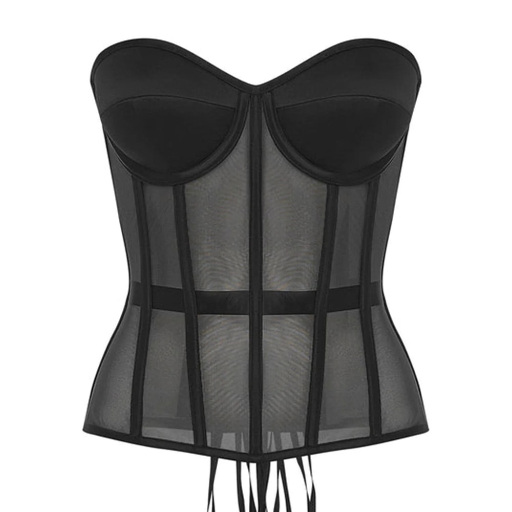 Luxury Strapless Corset Bustier For Women Transparent Mesh Steel Boned Bodice LaceUp Top With Supp 6