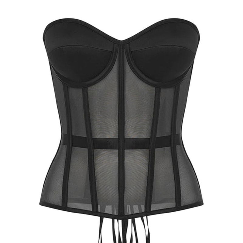 Luxury Strapless Corset Bustier For Women Transparent Mesh Steel Boned Bodice LaceUp Top With Supp 6