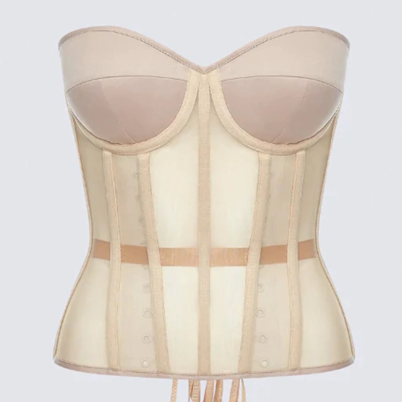 Luxury Strapless Corset Bustier For Women Transparent Mesh Steel Boned Bodice LaceUp Top With Supp 8