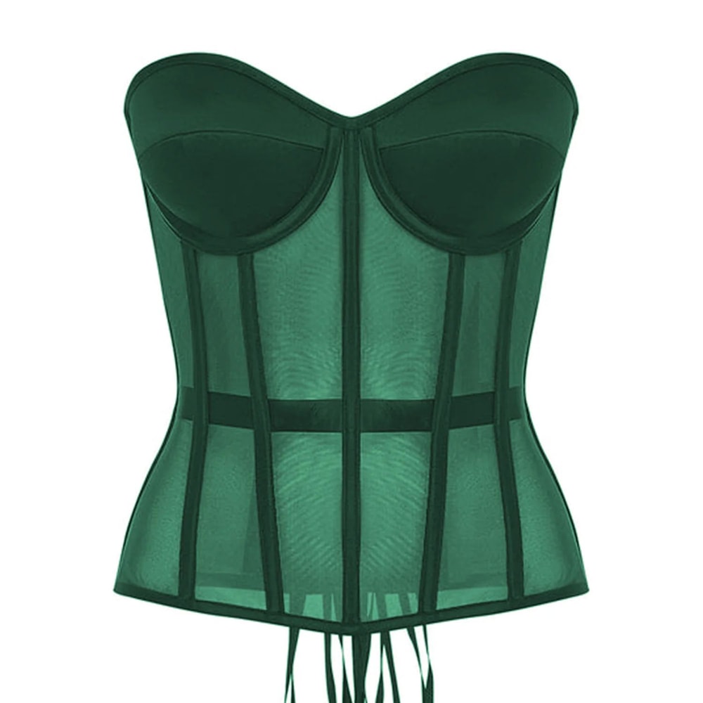 Luxury Strapless Corset Bustier For Women Transparent Mesh Steel Boned Bodice LaceUp Top With Supp 9