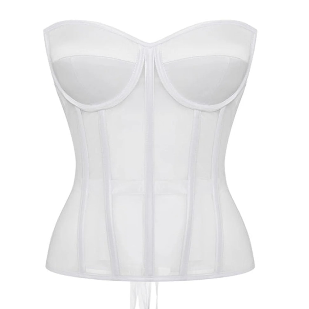 Luxury Strapless Corset Bustier For Women Transparent Mesh Steel Boned Bodice LaceUp Top With Supp 12