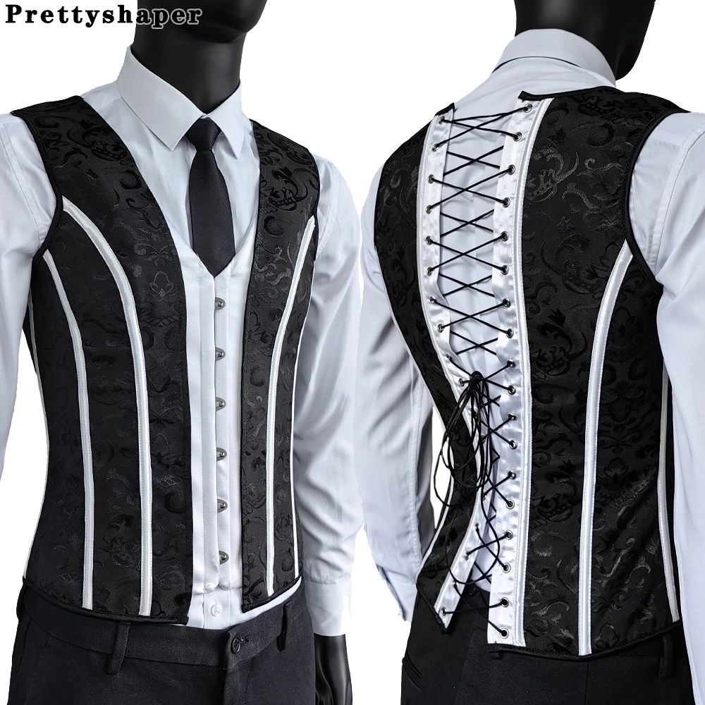 Mens Vintage Corset Waistcoat LaceUp Boned Abdomen Shaping Vest Tummy Control Waist Girdle For For 1