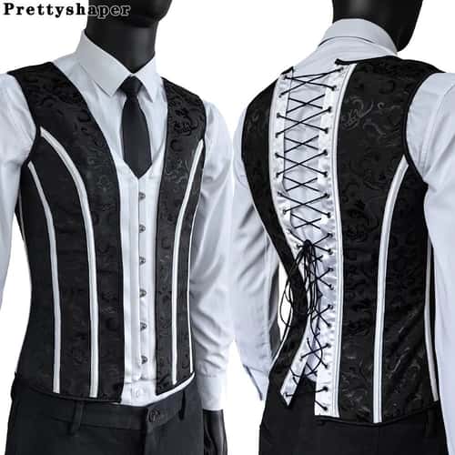 Mens Boned Abdomen Corset Vest – Vintage Floral Slimming Waistcoat for Stomach Control, Elegant Gothic Costume