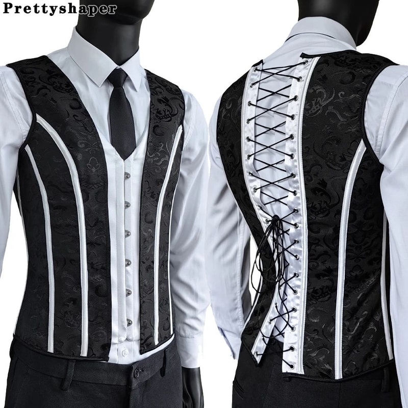 Mens Boned Abdomen Corset Vest Vintage Floral Slimming Waistcoat For Stomach Control Elegant Gothi