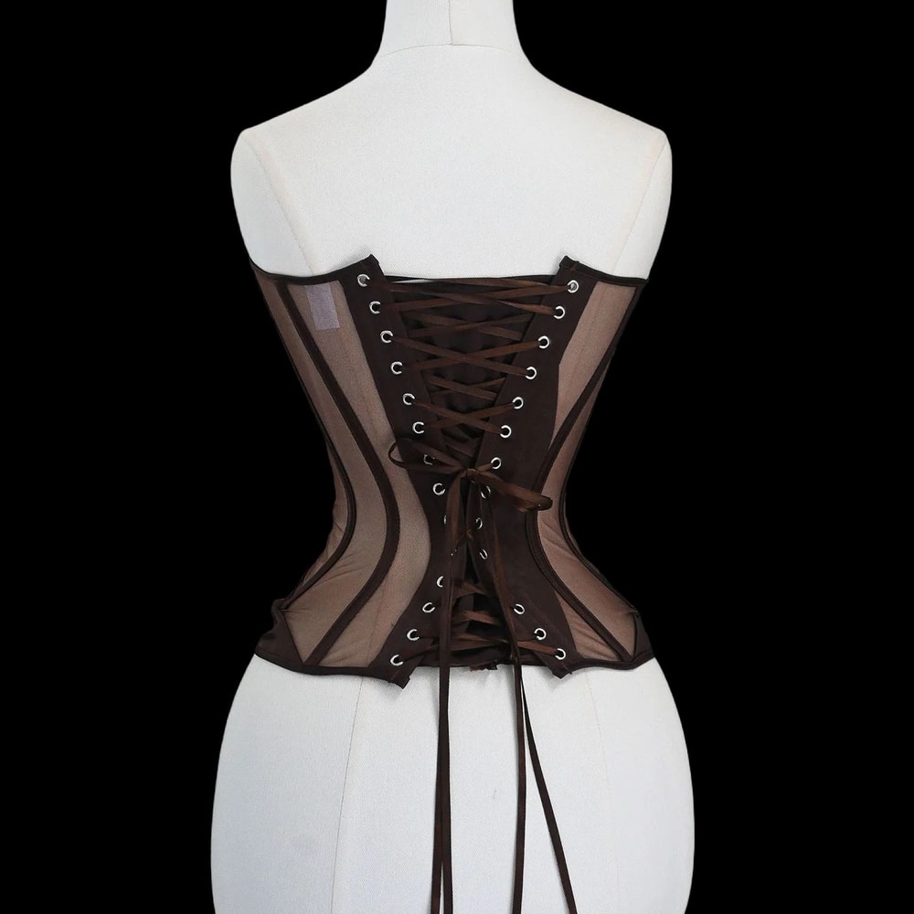 Women Tight Overbust Corset Bustier Transparent Mesh Steel Boned LaceUp Shaping Top For Waist Slim 2