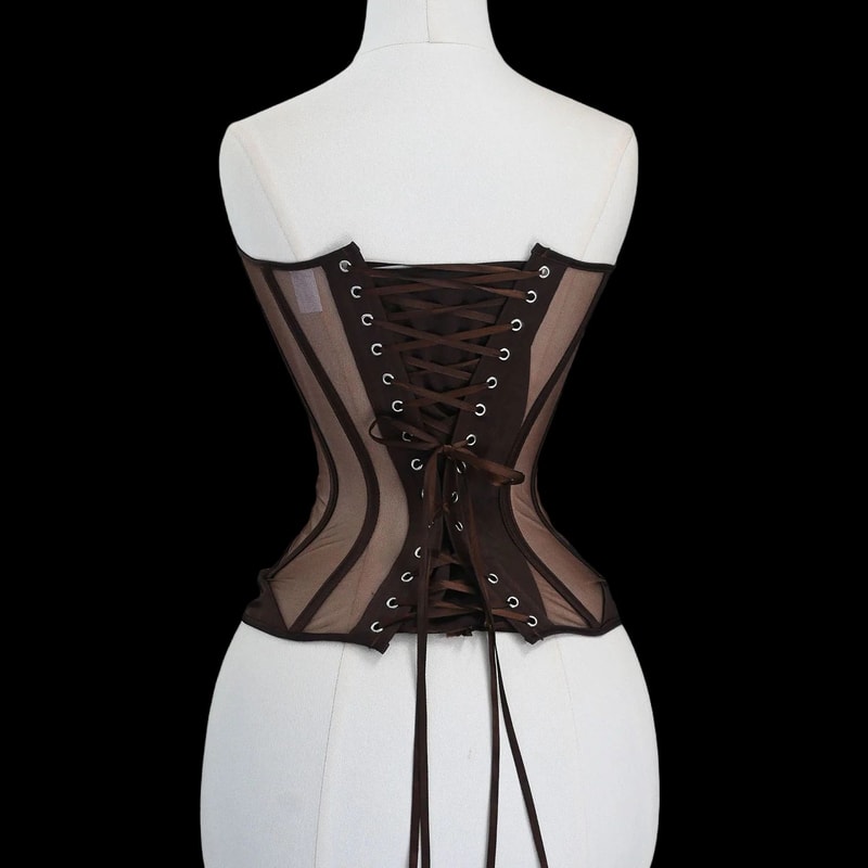 Women Tight Overbust Corset Bustier Transparent Mesh Steel Boned LaceUp Shaping Top For Waist Slim 2