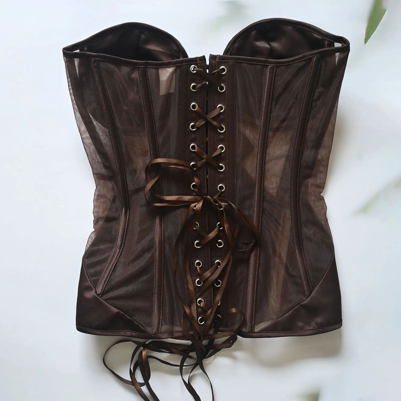 Women Tight Overbust Corset Bustier Transparent Mesh Steel Boned LaceUp Shaping Top For Waist Slim 4