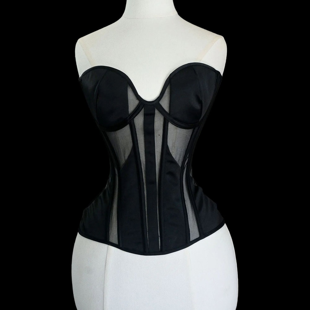 Women Tight Overbust Corset Bustier Transparent Mesh Steel Boned LaceUp Shaping Top For Waist Slim 9