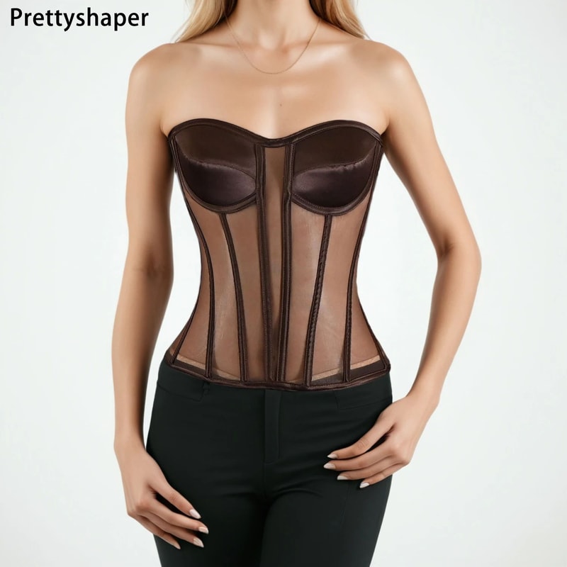 Womens Strapless Mesh Overbust Corset Bustier With Cups Boned LaceUp Waist Slimming Wedding Shapin 0