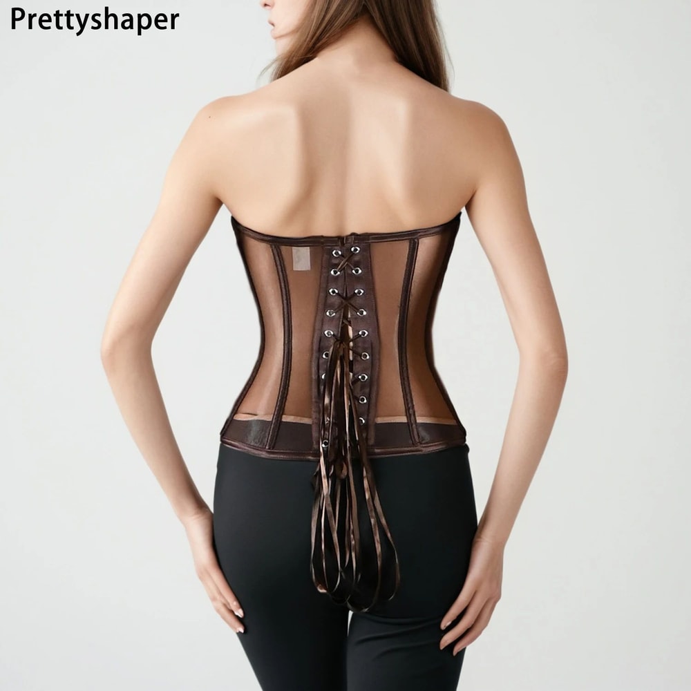 Womens Strapless Mesh Overbust Corset Bustier With Cups Boned LaceUp Waist Slimming Wedding Shapin 2