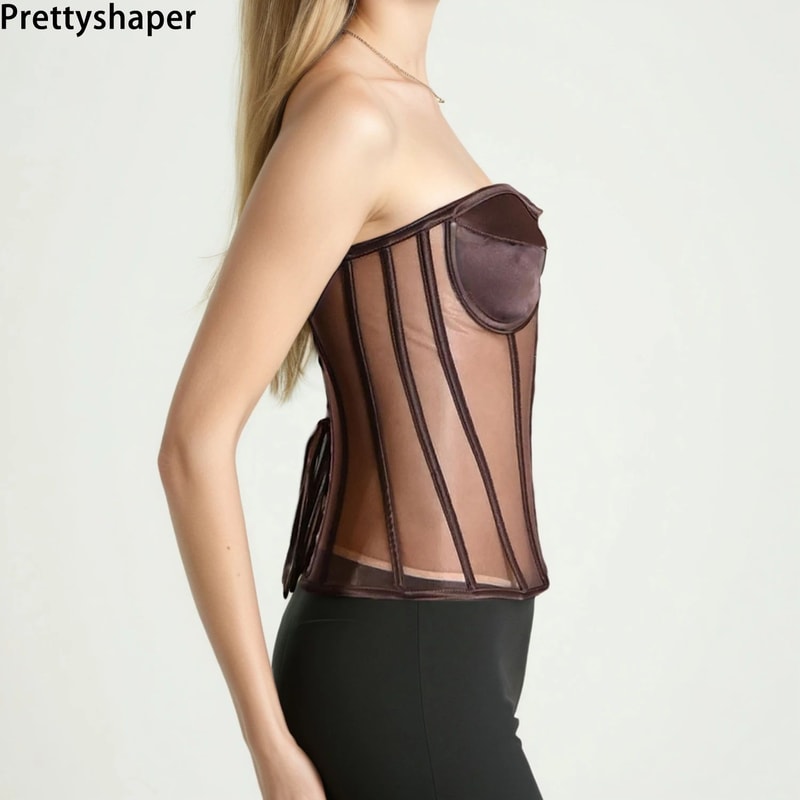 Womens Strapless Mesh Overbust Corset Bustier With Cups Boned LaceUp Waist Slimming Wedding Shapin 3