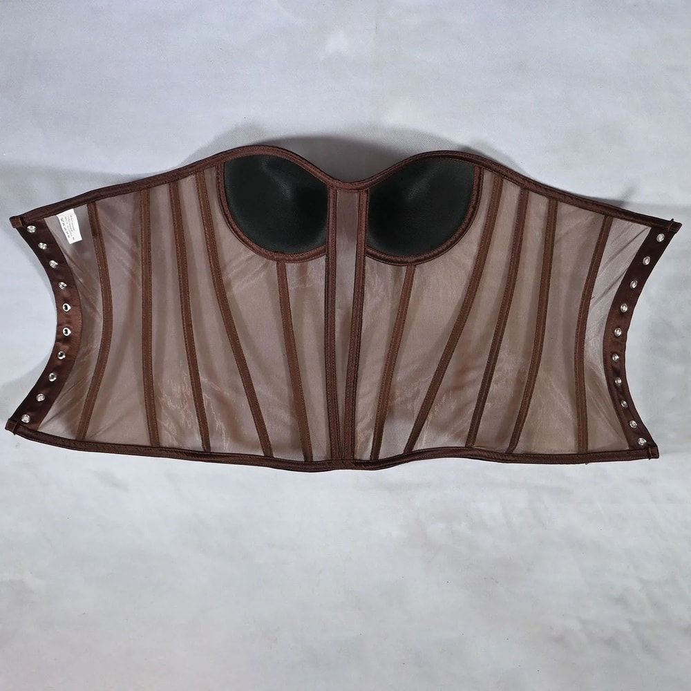 Womens Strapless Mesh Overbust Corset Bustier With Cups Boned LaceUp Waist Slimming Wedding Shapin 4