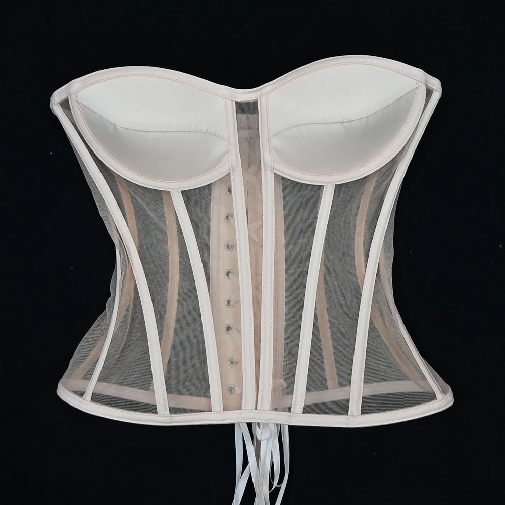 Womens Strapless Mesh Overbust Corset Bustier With Cups Boned LaceUp Waist Slimming Wedding Shapin 6