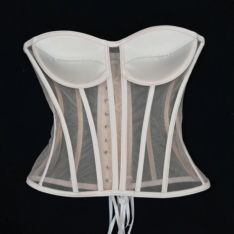 Womens Strapless Mesh Overbust Corset Bustier With Cups Boned LaceUp Waist Slimming Wedding Shapin 6