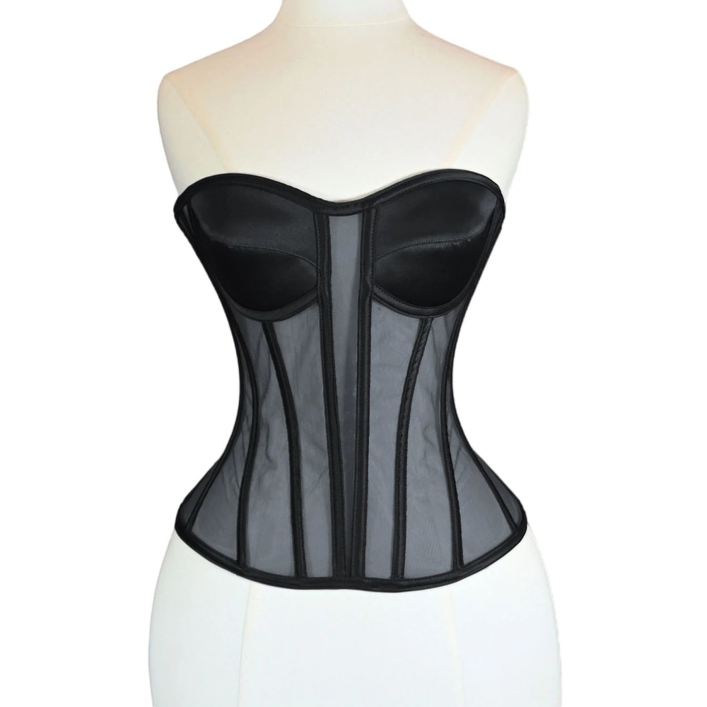 Womens Strapless Mesh Overbust Corset Bustier With Cups Boned LaceUp Waist Slimming Wedding Shapin 7
