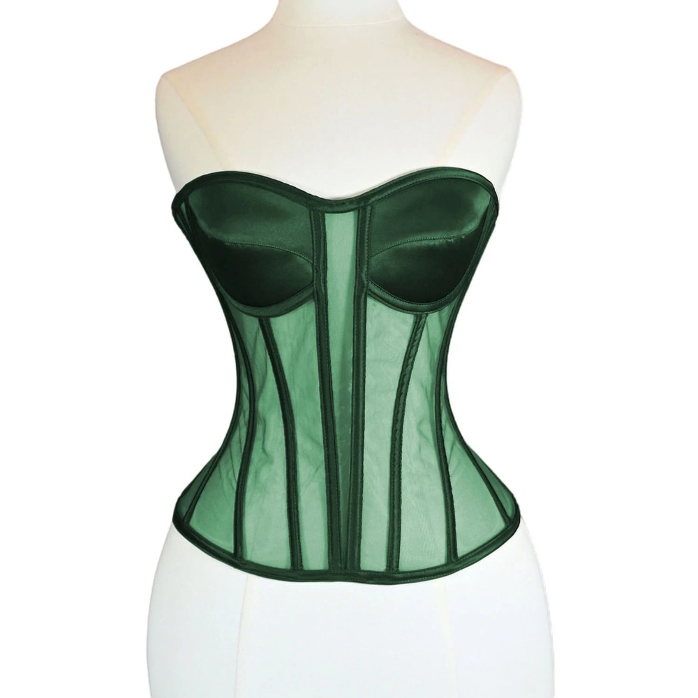 Womens Strapless Mesh Overbust Corset Bustier With Cups Boned LaceUp Waist Slimming Wedding Shapin 9