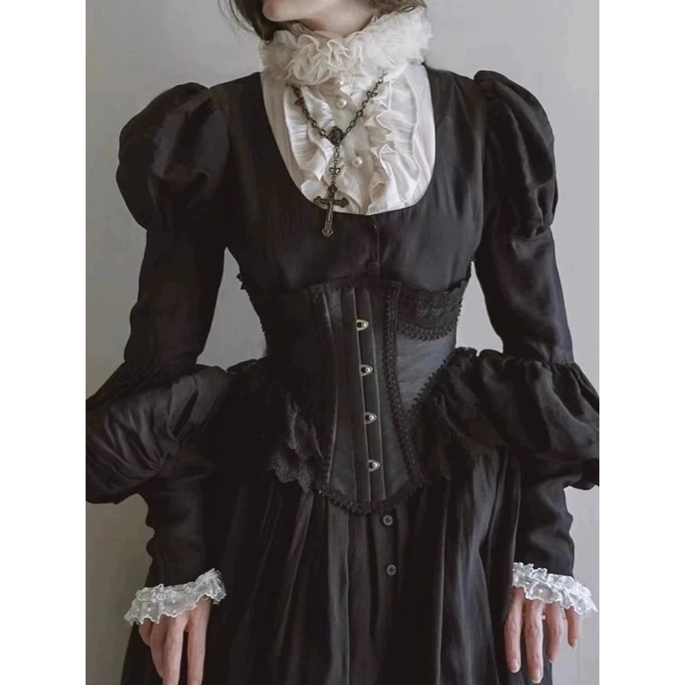 Womens Fancy Underbust Lace Corset Bustier Gold Boned LaceUp Waist Trainer Vintage Lolita Bodice F 3