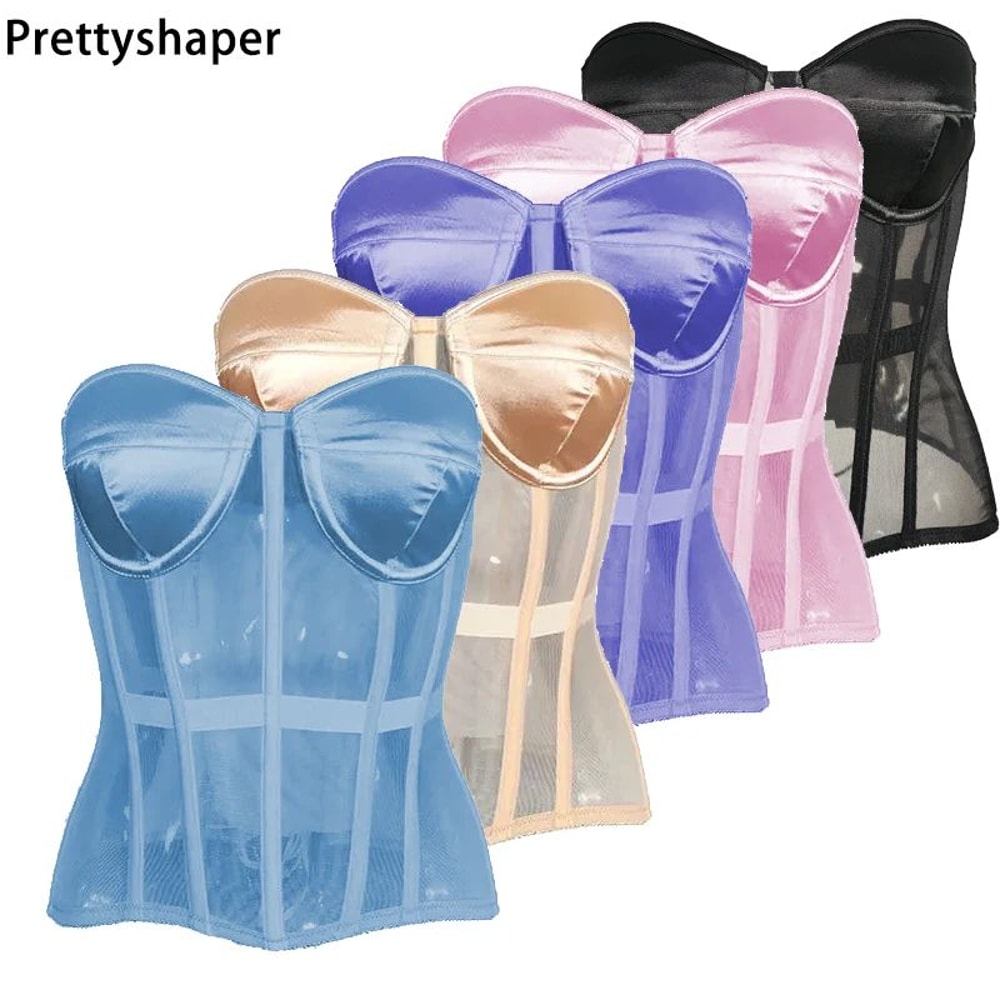 Womens Sexy Mesh Overbust Corset Transparent LaceUp Bustier With Cups Boned Shaping Wedding Waist 0