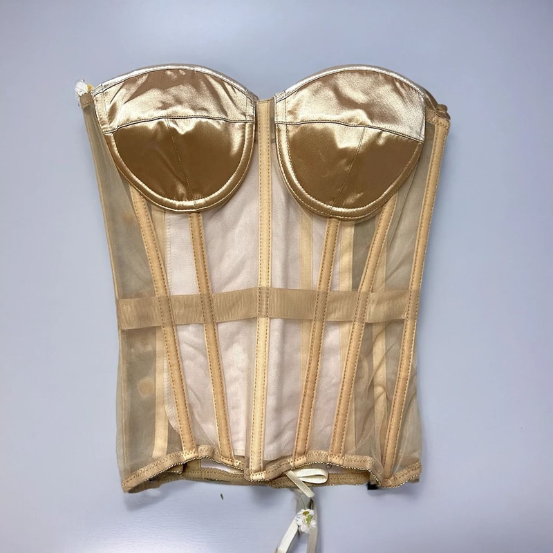 Womens Sexy Mesh Overbust Corset Transparent LaceUp Bustier With Cups Boned Shaping Wedding Waist 4