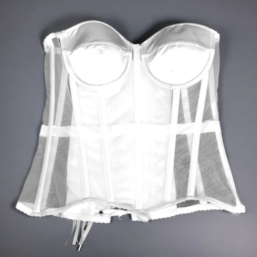 Womens Sexy Mesh Overbust Corset Transparent LaceUp Bustier With Cups Boned Shaping Wedding Waist 5