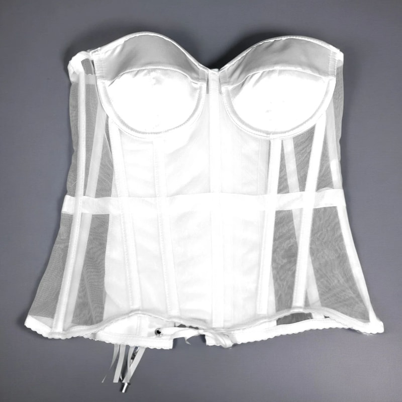 Womens Sexy Mesh Overbust Corset Transparent LaceUp Bustier With Cups Boned Shaping Wedding Waist 5