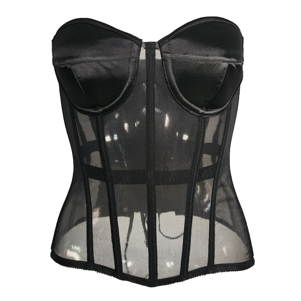 Womens Sexy Mesh Overbust Corset Transparent LaceUp Bustier With Cups Boned Shaping Wedding Waist 7