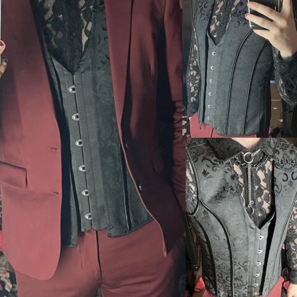 Mens LaceUp Boned Corset Waistcoat Vest Slim Waist Shaping VNeck Black Print Formal Wedding Stage 0