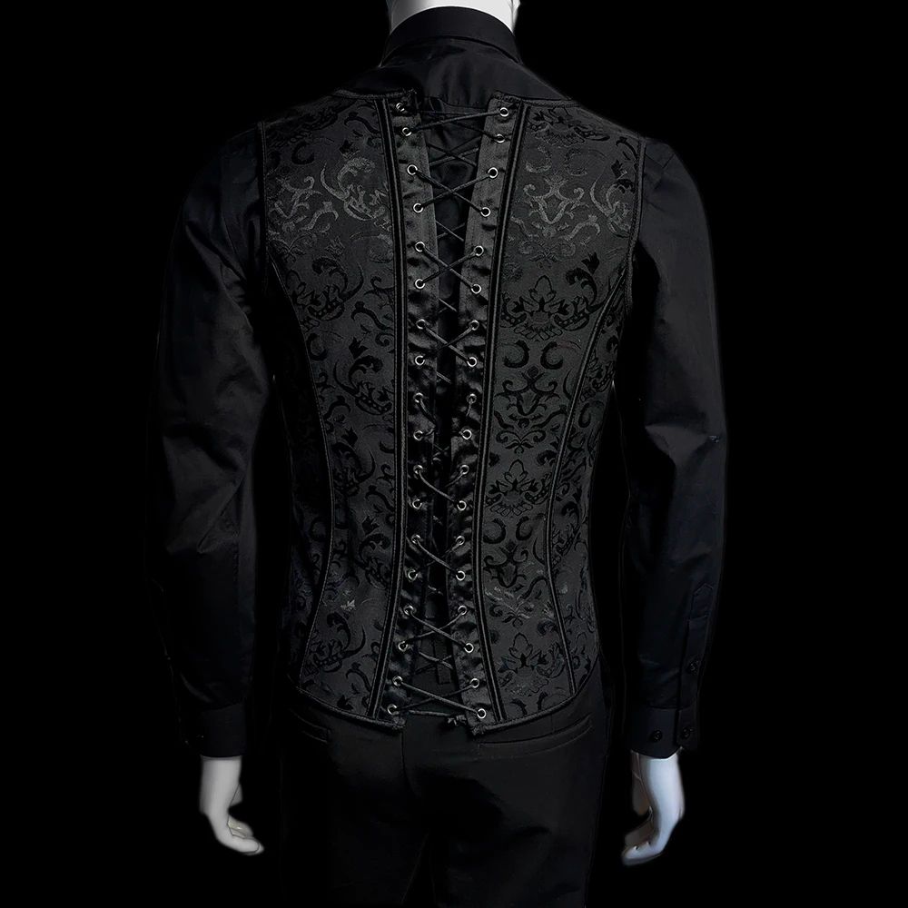 Mens LaceUp Boned Corset Waistcoat Vest Slim Waist Shaping VNeck Black Print Formal Wedding Stage 2